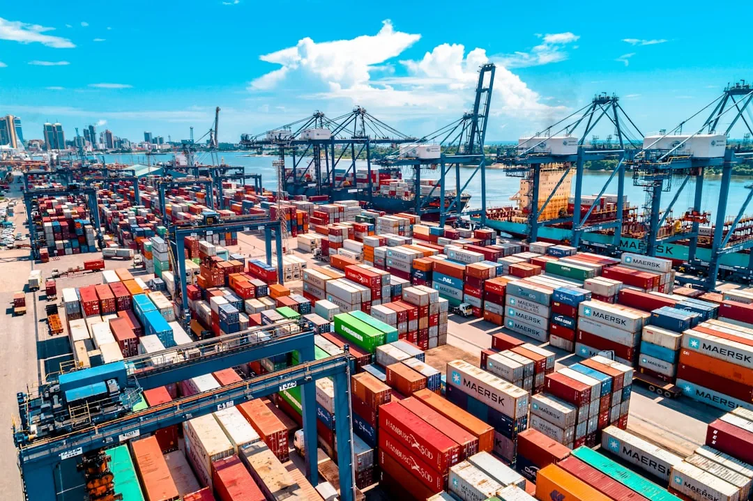 Nuevo arancel a China: vista aérea de una terminal de contenedores, con grúas de muelle a lo largo del puerto