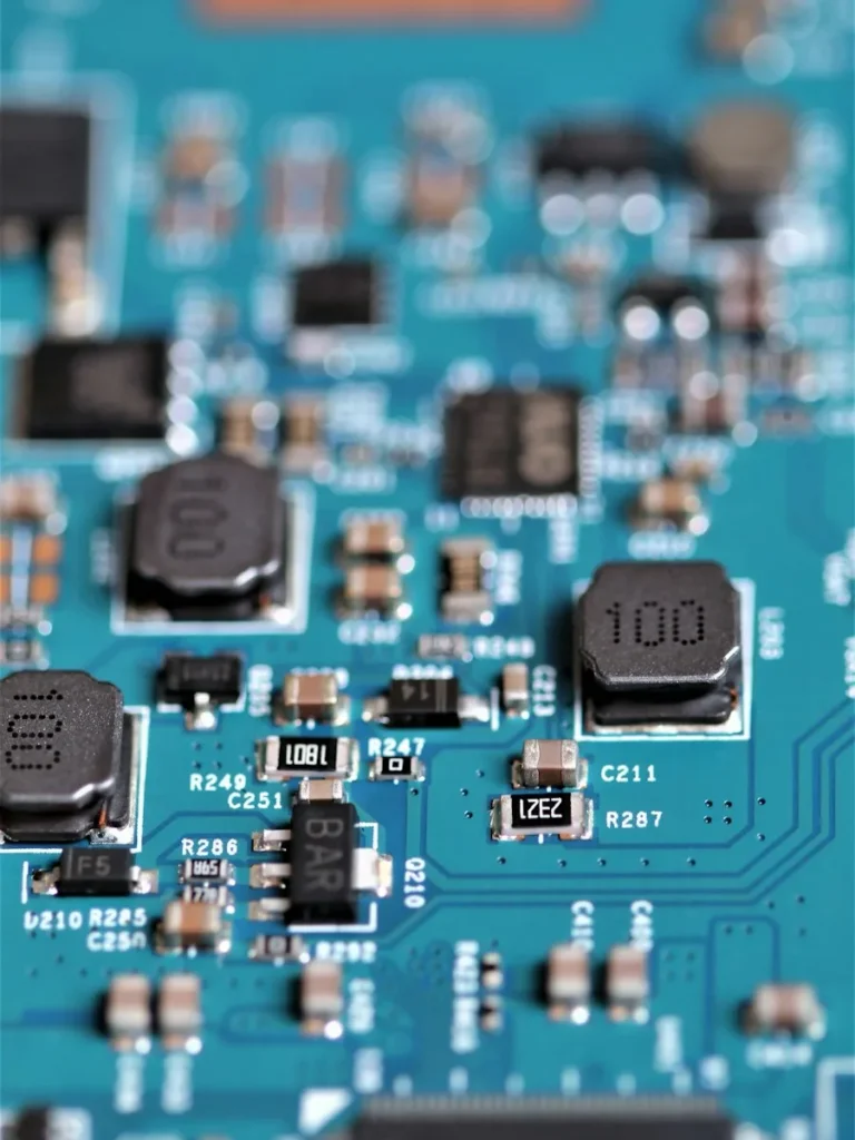 Placa de circuito impreso vista en detalle, con sus componentes soldados