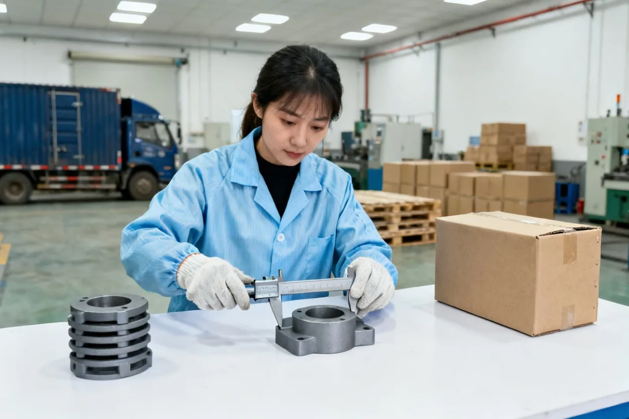 aumento de precios de proveedores chinos: Inspectora mide con un calibre una pieza metálica sobre una mesa blanca de taller