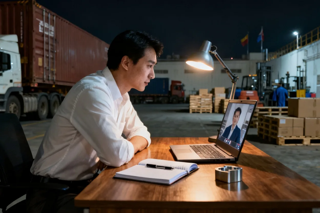 Chinese supplier verification: Buyer at a desk on a laptop video call with a product sample